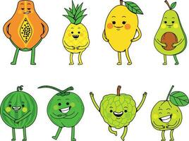 set of funny cartoon fruits. Set of cute fruit characters. Vector illustration in hand drawn style.