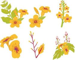 set of flowers. Set of yellow flowers and leaves. Hand drawn vector illustration isolated on white background.