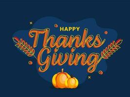 Happy Thanksgiving Font With Leaves And Pumpkins On Blue Background. vector