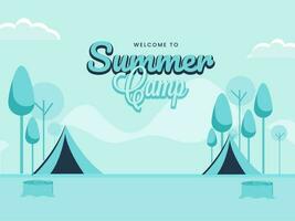 Welcome To Summer Camp Poster Design With Picnic Tents And Tree On Blue Background. vector