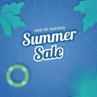End Of Season Summer Sale Poster Design With Swimming Ring And Tropical Leaves On Blue Background. vector