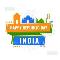 India Happy Republic Day Font With Famous Monuments And Halftone Effect On White Background. vector