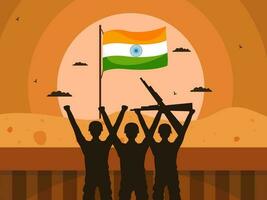 Illustration Of Silhouette Army Officers With Indian Flag On Sun Desert Background. vector