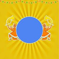 Illustration Of Traditional Attire Men Blowing Tutari Horn And Blue Empty Circle Frame Given For Text On Yellow Rays Background. vector