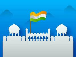 White Silhouette Red Fort Monument With Indian Flag On Blue Background. vector