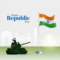 contento república día concepto con saludando Ejército oficial en militar tanque, indio bandera y silueta famoso monumentos antecedentes. vector