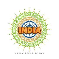 Sticker Style India Font On Ashoka Wheel And Mandala Pattern In National Tricolor For Happy Republic Day Concept. vector