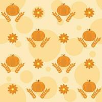 Orange Pumpkins With Wheat Ears And Flowers Decorated Background. vector