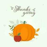 Thanksgiving Poster Design With Pumpkin, Apple And Leaves On Pastel Green Background. vector