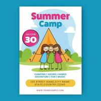 Summer Camp Flyer Or Template Design With Cheerful Girls And Venue Details. vector