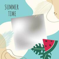 Summer Time Poster Or Template Design With Watermelon Slice, Leaves And Copy Space On Abstract Background. vector