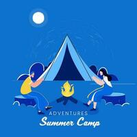 Adventures Summer Camp Poster Design With Cartoon Couple In Front Of Bonfire And Camping Tent On Full Moon Blue Background. vector