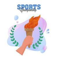 Deportes campeonato concepto con mano participación llameante antorcha y laurel guirnalda en blanco antecedentes. vector