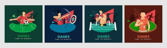 Set Of Time To Sports Poster Design With Various Athletics In Action Pose. vector