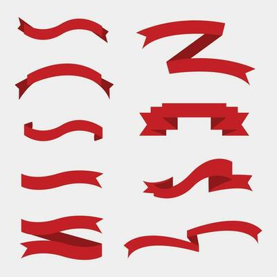 Red Color Ribbons Set On White Background.