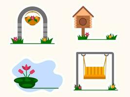 Decorative Entrance Gate With Bird House And Gardening View On White Background. vector