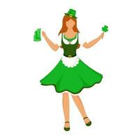 Modern Leprechaun Woman Holding A Shamrock Leaf And Beer Mug In Standing Pose. vector