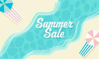 Summer Sale Banner Design With Top View Of Beach Bed On River View Background. vector