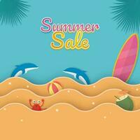 verano rebaja póster diseño con playa elementos y papel cortar olas en azul antecedentes. vector