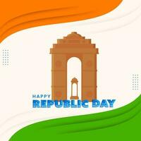 contento república día póster diseño con India puerta, pabellón Monumento y papel capa ola en tricolor antecedentes. vector