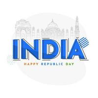 Blue India Font With Doodle Style Famous Monuments On White Background For Happy Republic Day Concept. vector