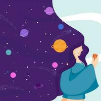 Female Character With Flowing Hair And Outer Space Or Dream Universe Background. vector