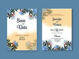 Floral Wedding Invitation Card And Save The Date Template On Blue Background. vector