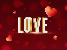 3D Love Text With Glossy Hearts On Red Bokeh Background. vector