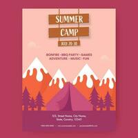 Summer Camp Template Design With Event Details And Tent Illustration On Nature Landscape Background. vector