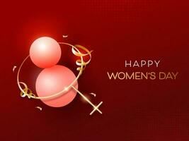 Happy Women's Day Concept With Creative 8 Number Made By 3D Balls And Golden Female Gender Symbol, Curl Ribbons On Red Halftone Effect Background. vector