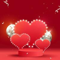 Empty Marquee Hearts With Realistic Disco Balls On Red Background. vector