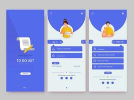 Mobile App UI, UX, GUI Set Of User Registration Daily Work List Screen With Login, Password Input, Account Sign In, Sign Up, Home Page. vector