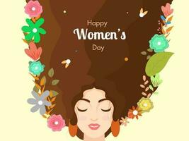 Beautiful Female Face With Her Long Hair Decorated From Floral On Yellow Background For Happy Women's Day Concept. vector