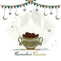 Ramadán kareem concepto con cuenco lleno de fechas, creciente lunas, estrellas colgar y verderón banderas en blanco silueta mezquita grunge antecedentes. vector