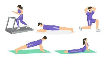 Young Men And Women Doing Exercise In Different Types On White Background. vector