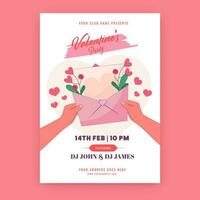 Valentine's Party Invitation, Flyer Design With Hand Holding Love Envelope On White Background. vector