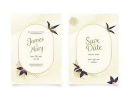 Wedding Invitation Cards With Venue Details In Beige Color. vector