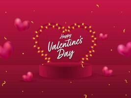 Happy Valentine's Day Font With Heart Shape Lighting Garland And 3D Podium On Dark Pink Background. vector