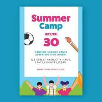 Summer Camp Flyer Design With Cheerful Children And Venue Details In White And Blue Color. vector