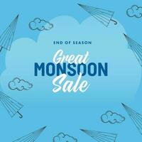 Great Monsoon Sale Poster Design Decorated With Linear Style Umbrella And Clouds On Blue Background. vector