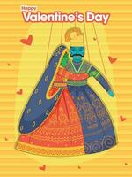 contento San Valentín día saludo tarjeta con Rajasthani marioneta Pareja cuerda en amarillo y naranja raya modelo antecedentes. vector