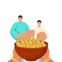 Close View Of Female Offering Indian Sweets To Young Boys Character On White Background. vector