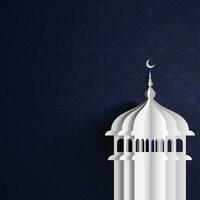 White Paper Cut Mosque On Blue Floral Pattern Background For Islamic Festival Concept. vector