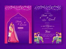 Wedding Invitation Card Template With Indian Couple Character In Purple And Pink Color. vector