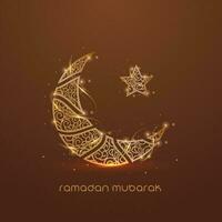 Ramadán Mubarak concepto con dorado ornamento creciente luna, estrella y luces efecto en marrón antecedentes. vector