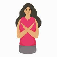 Sadness Young Woman Making Cross Her Arms Of Prohibitions Or No Sign On White Background. vector