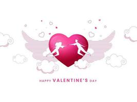 Happy Valentine's Day Concept With Silhouette Couple And Pink Glossy Heart Wings On White Background. vector