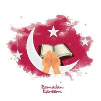 Ramadan Kareem Concept With Crescent Moon, Religious Praying Hands, Open Holy Quran Book, Star Hang And Red Watercolor Effect On White Background. vector