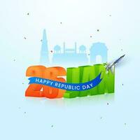 3D 26 Jan Font With Fighter Jet Pulling Banner Or Ribbon Of Happy Republic Day On Blue Silhouette Famous Monument Background. vector