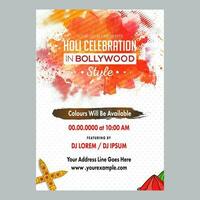 Bollywood estilo holi celebracion invitación tarjeta con resumen acuarela trama de semitonos efecto y evento detalles. vector